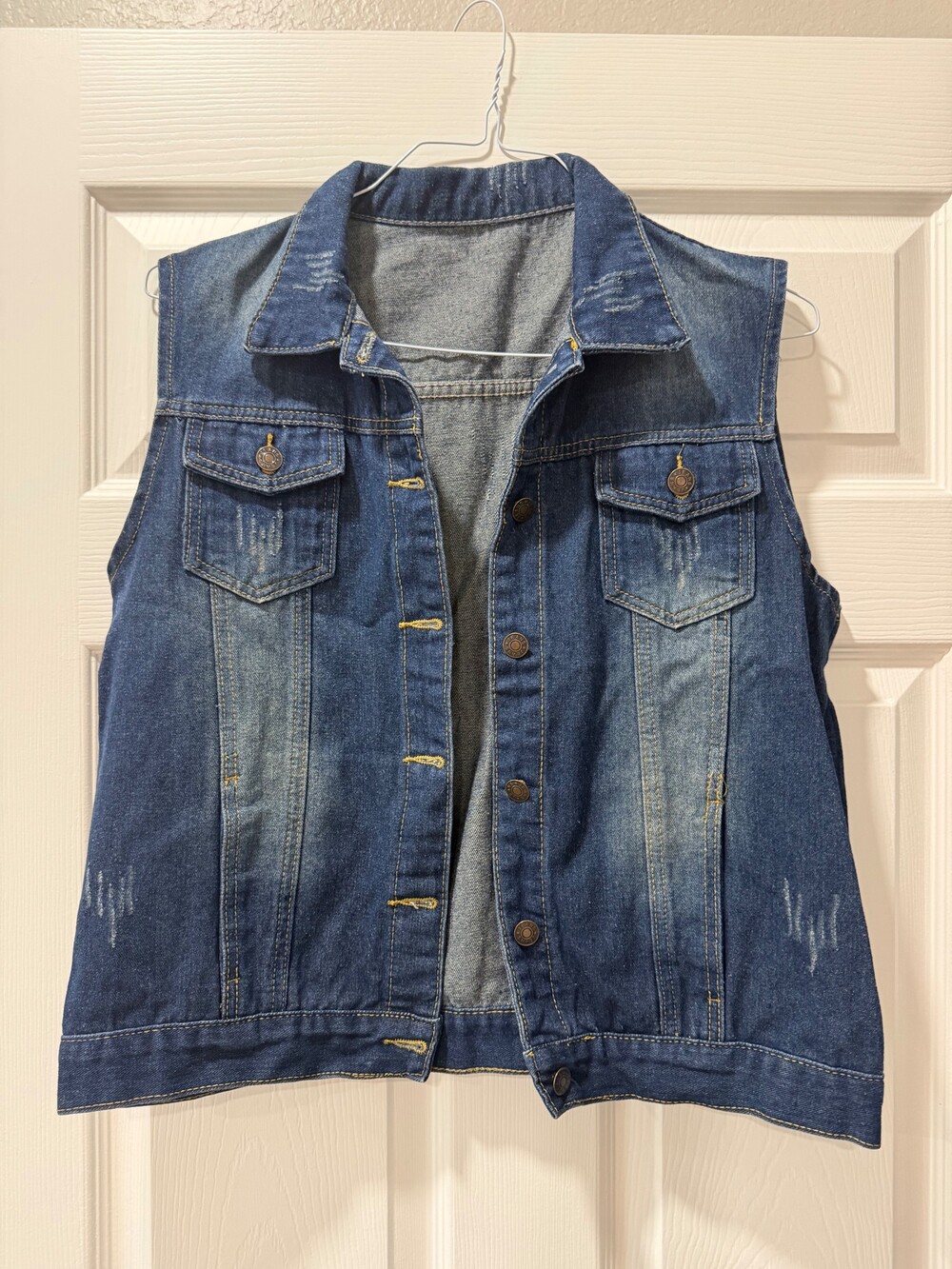 Denim Vest Button Front Distressed Blue Sleeveless Jacket